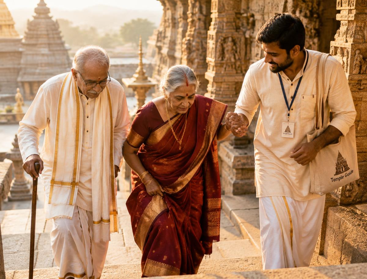 A guide gently assisting an elderly couple on temple steps